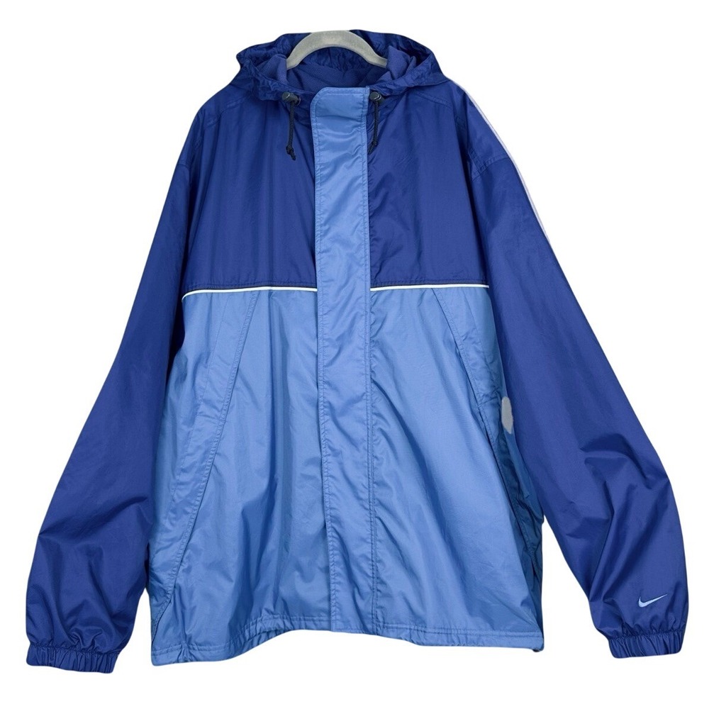Vintage Y2K Nike Full Zip Hooded Rain Jacket Blue Colorblock LG Nylon Shell Coat